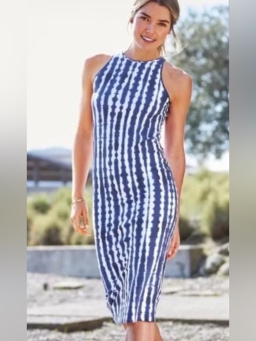 NEW Athleta Navy and White Sleeveless Midi/Maxi Tie-Dye Dress